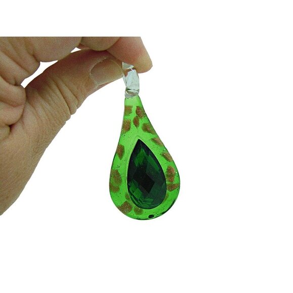 Emerald Green Teardrop Handmade Glass and Stone Fashion Pendant Gold Specks - Picture 8 of 11